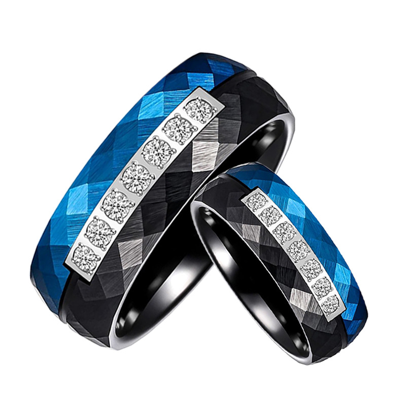 2025 New Design Men's Two Toned Faceted Black and Blue Tungsten Carbide Ring with Diamonds China Manufacturer