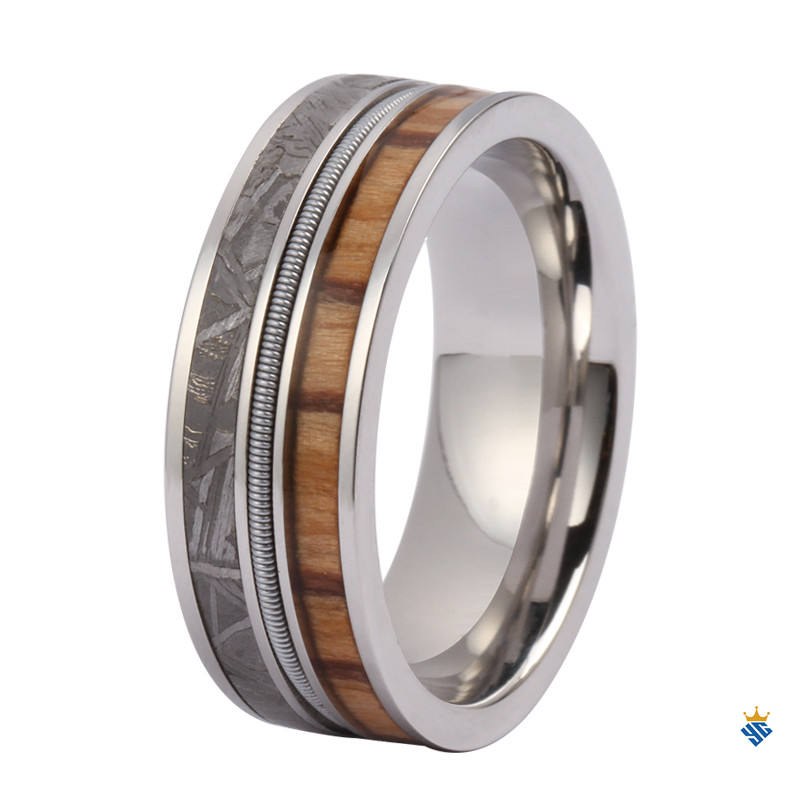 Professional 8mm Tungsten Men's Ring with Zebra Wood, Guitar String & Meteorite Inlay - Bulk Supplier for Men's Jewelry
