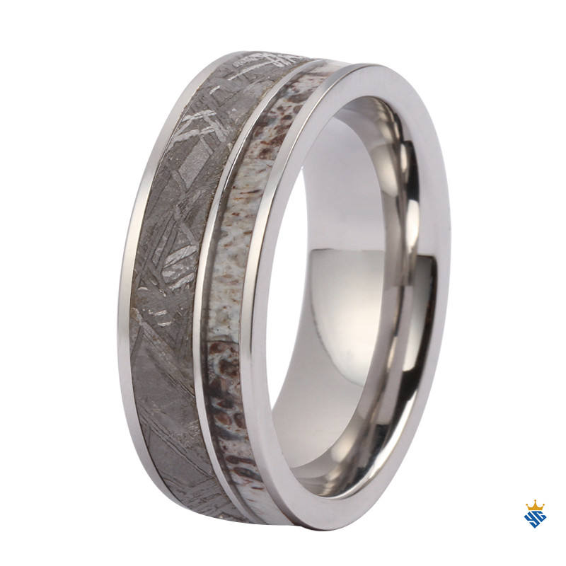 OEM Premium 8mm Men's Tungsten Meteorite & Deer Antler Wedding Band - Flat Edge Design