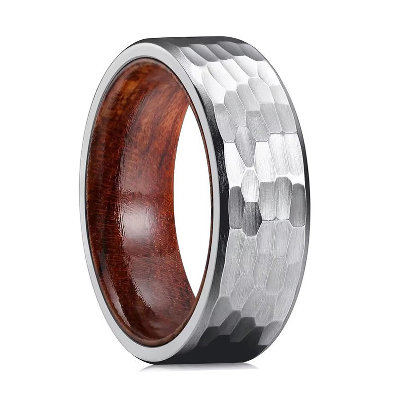 Premium 8mm Hammered Tungsten Ring with Rose Wood Inlay - Bulk Order for Wholesale & Customization
