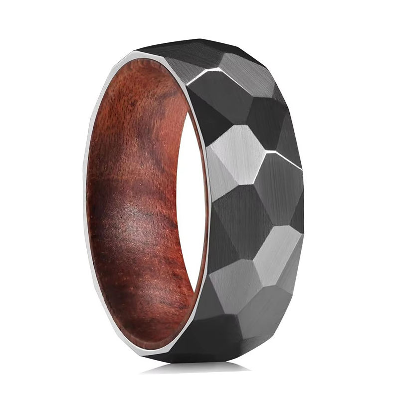 Hammered Black Tungsten Wedding Ring with Rose Wood Inlay - Wholesale for Jewelry Retailers