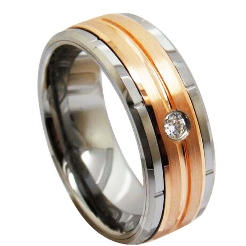 Premium 8mm Rose Gold Plated Tungsten Carbide Wedding Band with CZ Inlay