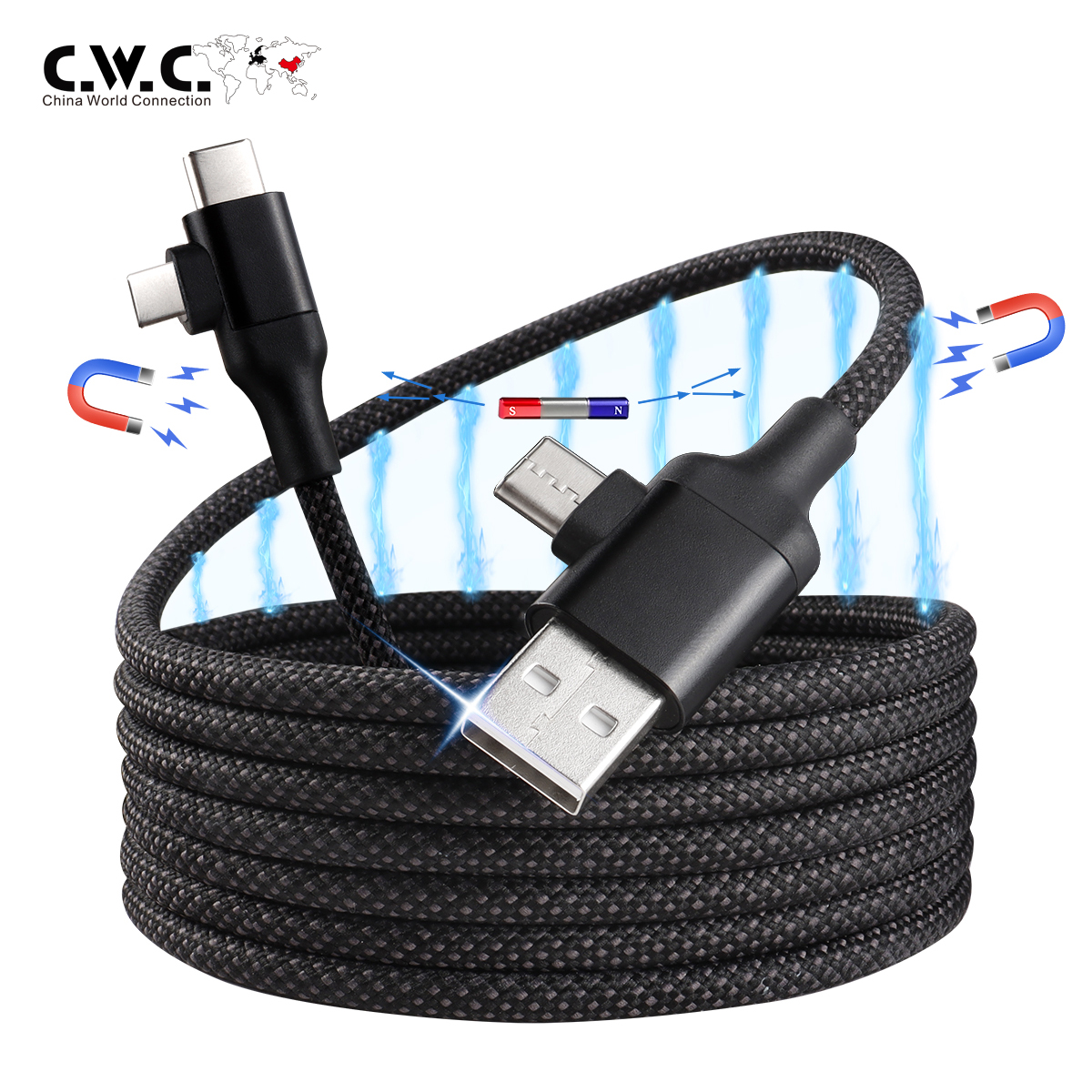 Logo personnalisé 60W Charge magnétique noire USB C vers USB C Câble double sortie 4 en 1 Câble de chargement multi-magnétique