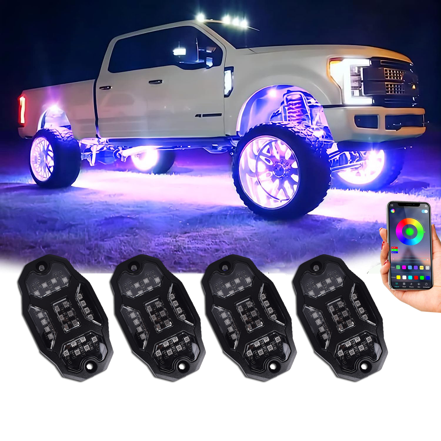 All-aluminum 5-Sides RGB LED Rock Lights Kit Multicolor Neon Accent Music Underbody Lighting Underglow Kits with RF Controller for Off-Road Cars - COPY - 3t33f1