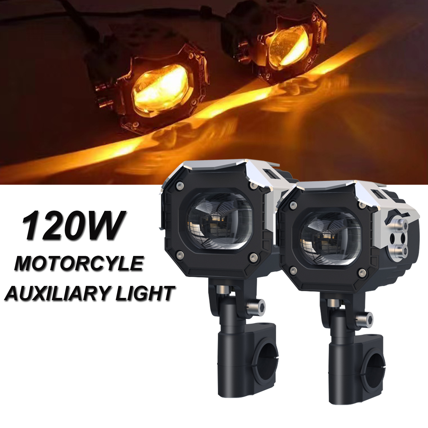 Motorcycle LED Fog Lights Auxiliary Driving Light 120W Dual Color Spotlights White Amber Strobe Flashing Lights for Car Truck 2pcs
