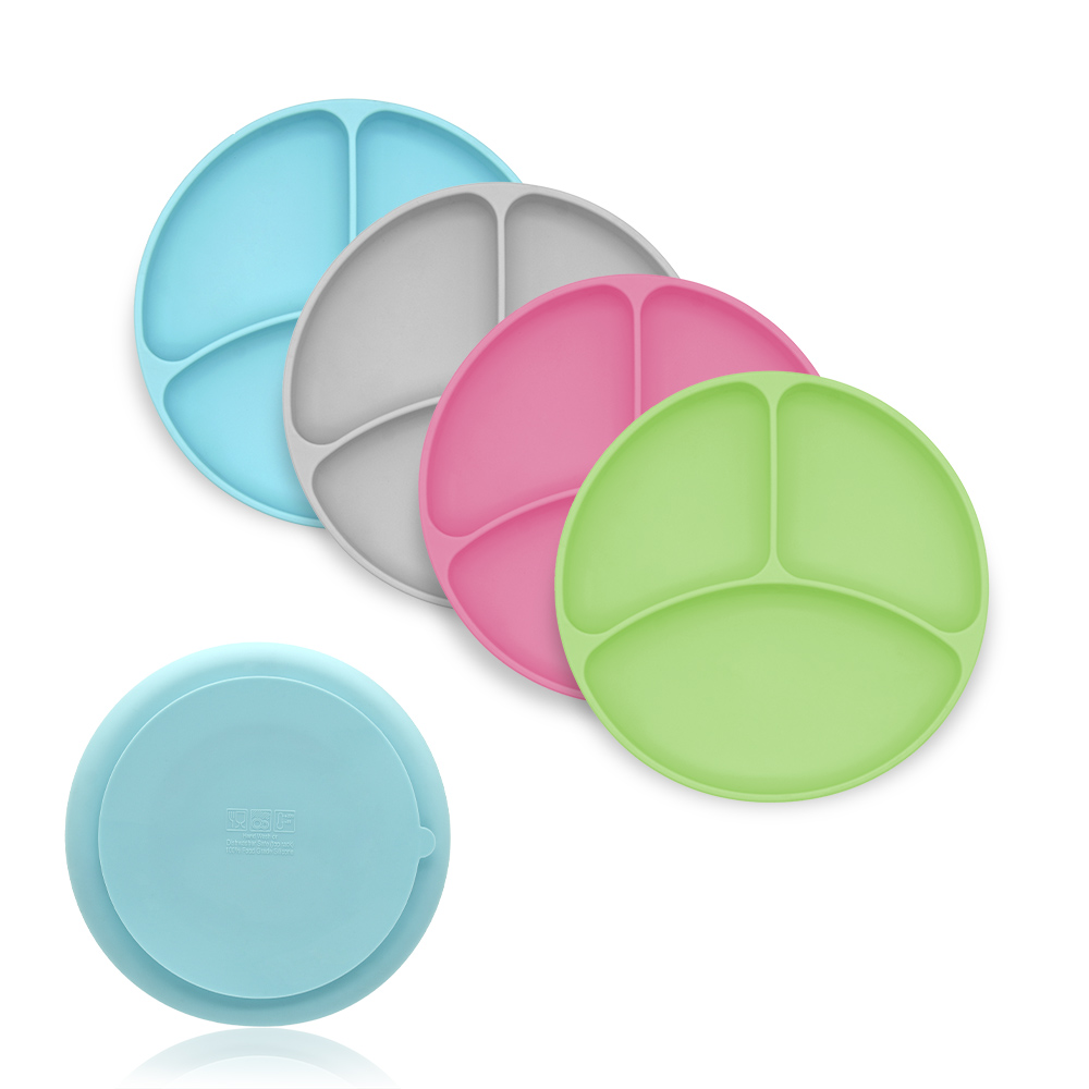Популярная круглая тарелка производителя с сильным всасыванием, силиконовая круглая разделенная тарелка для кормления для ребенка