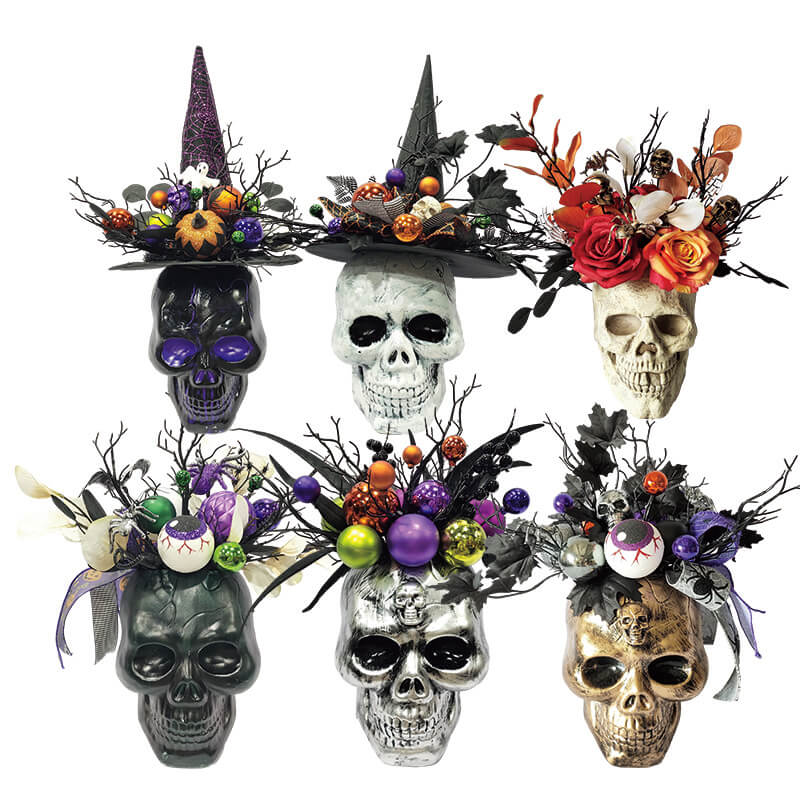 Senmasine Wiele stylów Halloweenowe czaszki szkieletu z dekoracją bombek w kapeluszu czarownicy i strasznych oczach
