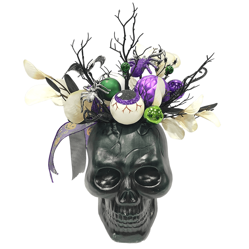 Calaveras de Halloween Senmasine con lazo negro, hojas artificiales, flores rosas, cabezas de esqueleto