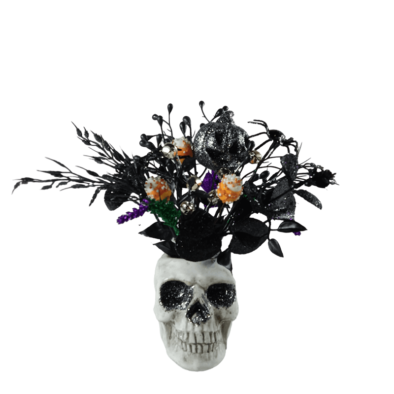 Декор черепа на Хэллоуин искусственными черными листьями и блестящей тыквой