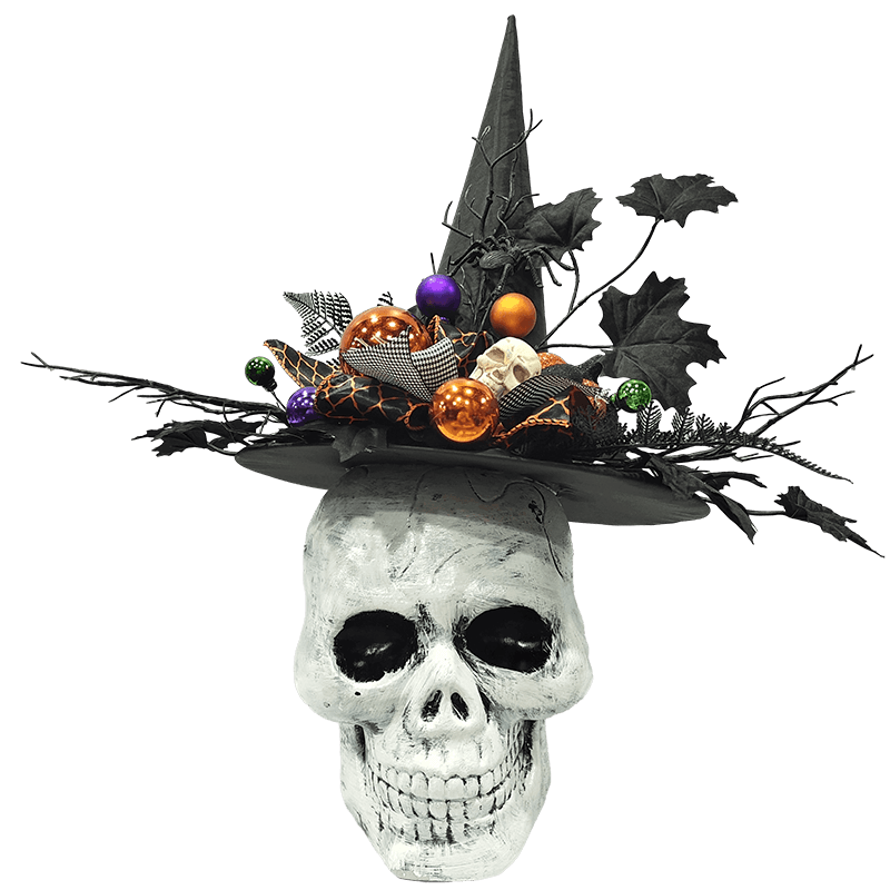 Decoraciones de Halloween Calavera con calabaza Sombrero de bruja Ojos espeluznantes Adornos Cabeza de esqueleto DIY