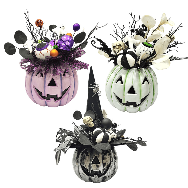 Senmasine citrouille Halloween avec maille pailletée feuilles artificielles noires motif yeux fantômes boules tête de squelette