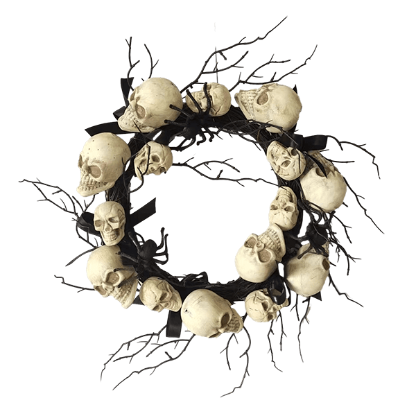 Wieniec Halloweenowy z czaszką Senmasine'a i kokardkami pająka z winorośli. Czarna martwa gałąź