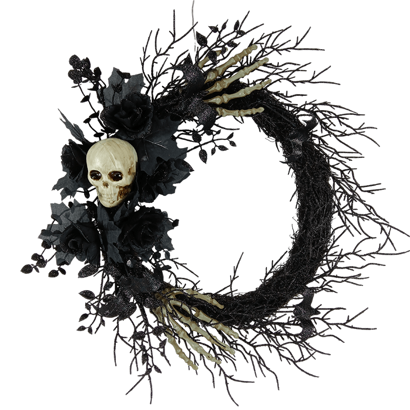 Senmasine Couronne d'Halloween noire de 61 cm avec têtes de squelette pailletées à la main, branches mortes noires, fleurs de roses artificielles