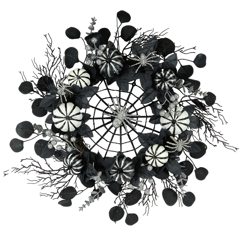 Senmasine 26 Inch Halloween Wreath Black with Spider Web Dead Branches Glitter Silver Berries Pumpkin