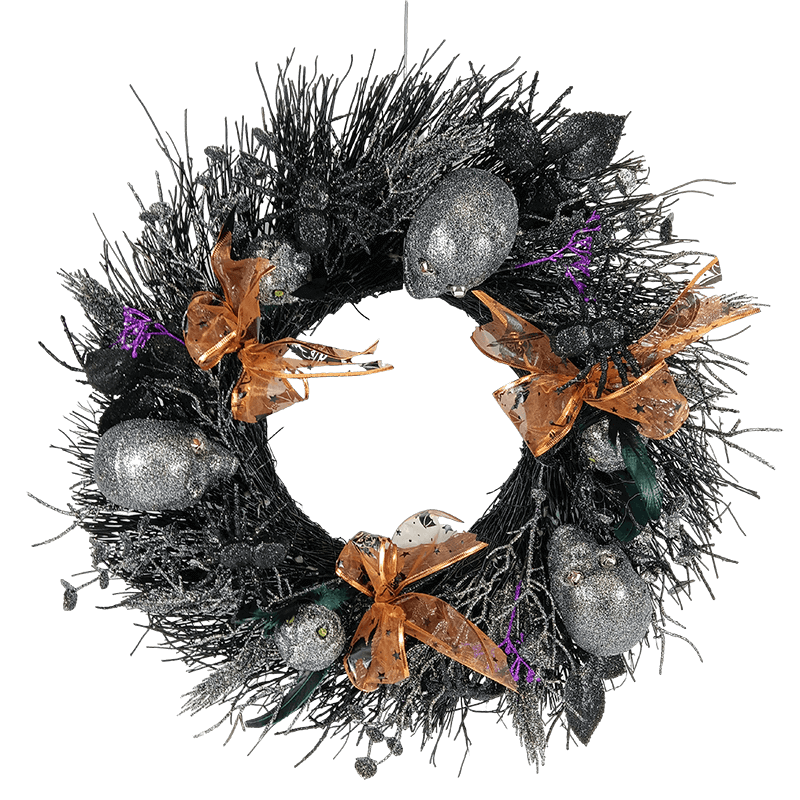 Senmasine Couronne d'Halloween à têtes de squelette de 26 pouces avec feuilles scintillantes, nœuds orange, araignée noire