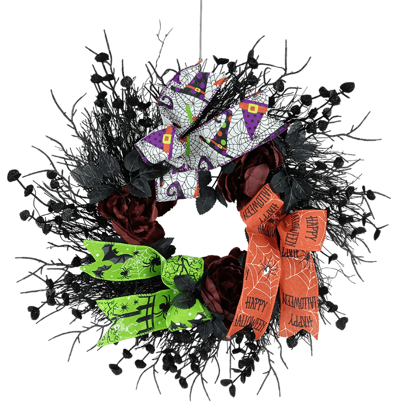 Senmasine 22-calowy wieniec ze wstążki Halloween z dużymi sztucznymi różami, kwiatami, czarną martwą gałęzią