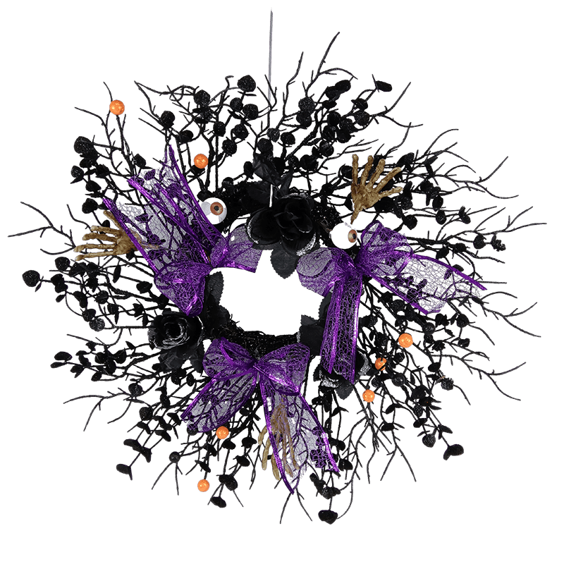 Senmasine 22 Inch Halloween black wreath with Glitter purple Bow Artificial Rose Flower Skeleton Hand