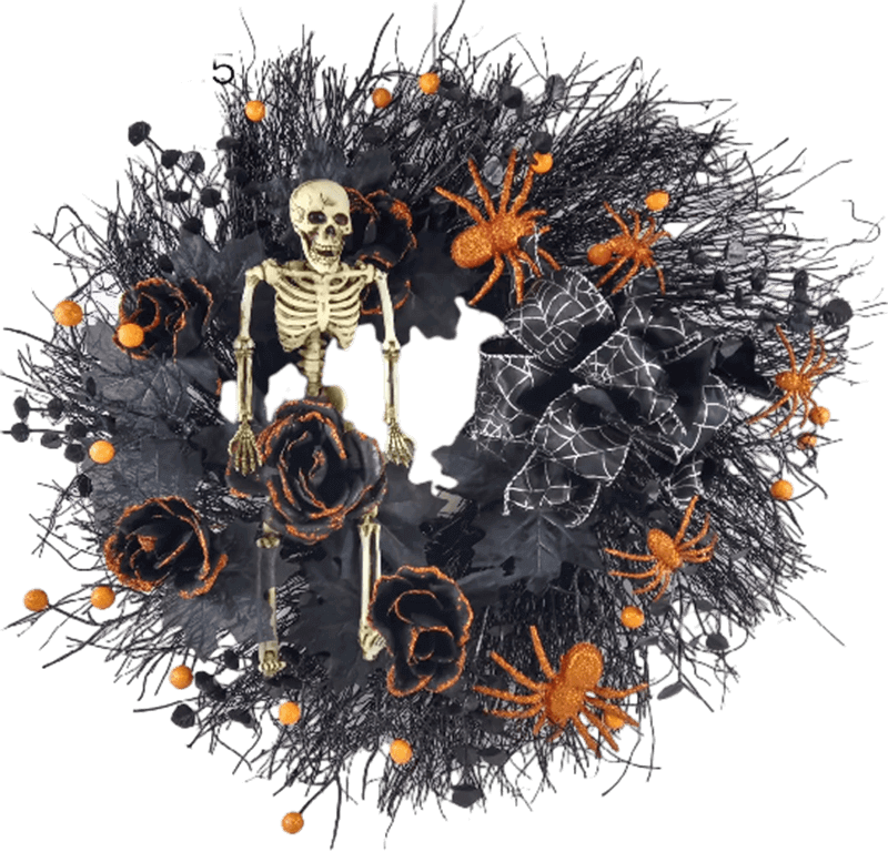 Senmasine Corona de esqueleto de Halloween de 24 pulgadas con purpurina, flores de rosas artificiales, lazo negro, bayas naranjas