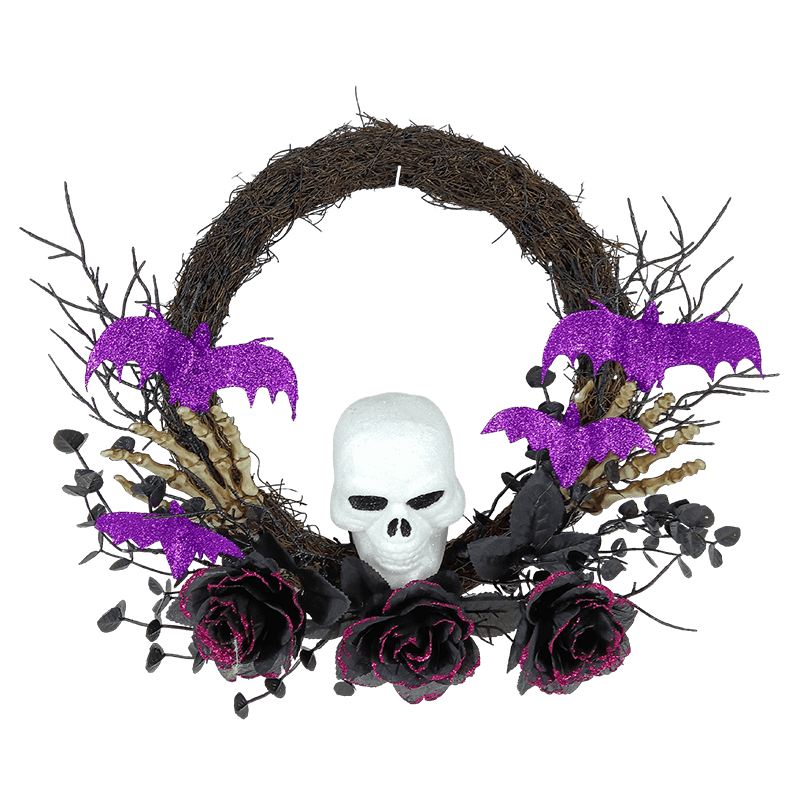 Senmasine Ghirlanda con testa di scheletro di Halloween da 24 pollici con fiori di rose artificiali di ragno glitterato