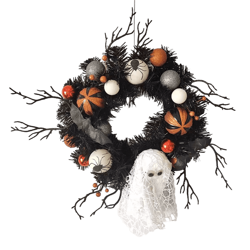 Corona de fantasma de Halloween Senmasine de 18 pulgadas con ramas artificiales de PVC, decoración de fiesta de araña brillante