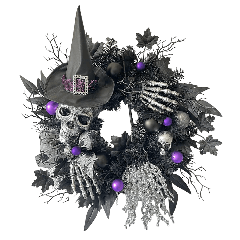 Senmasine 24Inch Halloween Wreath with Black Spider Bow Stripe Legs Glitter Broom Spooky Scary Skeleton Head Hand Witch Hat