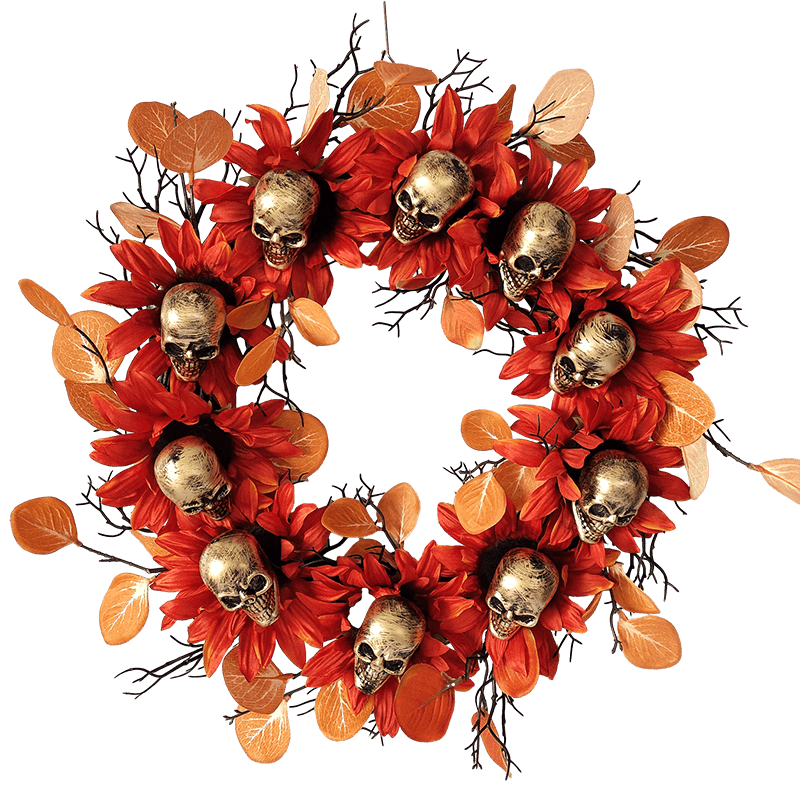 Senmasine 24-Zoll-Totenkopf-Halloween-Kranz mit schwarzen toten Zweigen, Sonnenblumen, gruselige, gruselige Dekoration