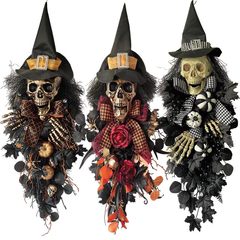 Senmasine 32*13 pouces couronne Halloween Swag avec tête de squelette effrayant effrayant main chapeau de sorcière arc citrouille