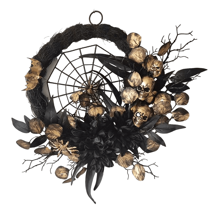 Senmasine - Corona decorativa de Halloween de 20 pulgadas con telaraña, cabeza de esqueleto espeluznante y espeluznante, flores artificiales grandes negras