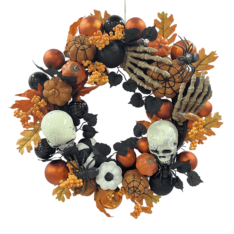 Senmasine-corona de Halloween de 22 pulgadas para puerta delantera, adornos naranjas, bayas, Hojas de arce, purpurina, calabaza, araña, cabeza de esqueleto, mano