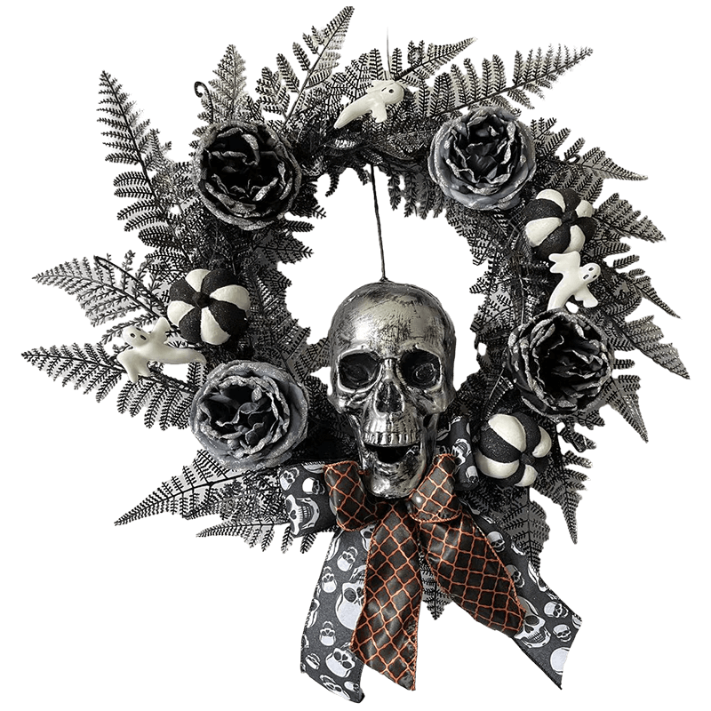 Senmasine 24 inch Halloween-skelethoofdkrans met spookzwarte pompoenbladeren, bloemen en rozenbogen