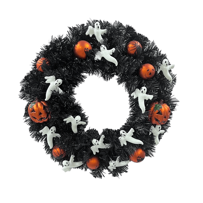 Senmasine 20Inch Diy Halloween Wreath with White Ghost Orange Pumpkin Spider Cat Pattern Design Baubles