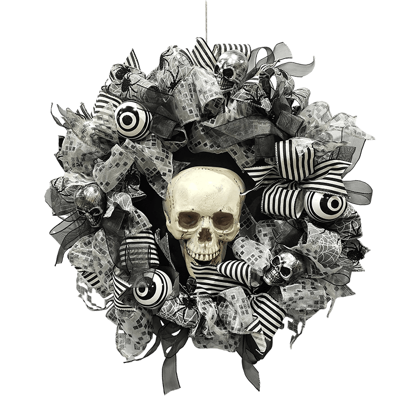 Senmasine 24Inch Halloween Skull Wreath with black ribbon Bows Eye Baubles Spooky Scary decor