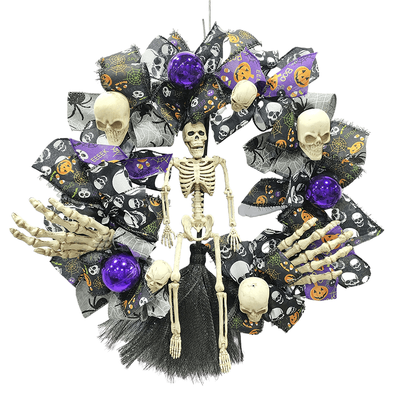 Senmasine Corona de Halloween de esqueleto con cabeza de mano espeluznante y aterradora de 24 pulgadas con bola morada y lazos negros, escoba grande
