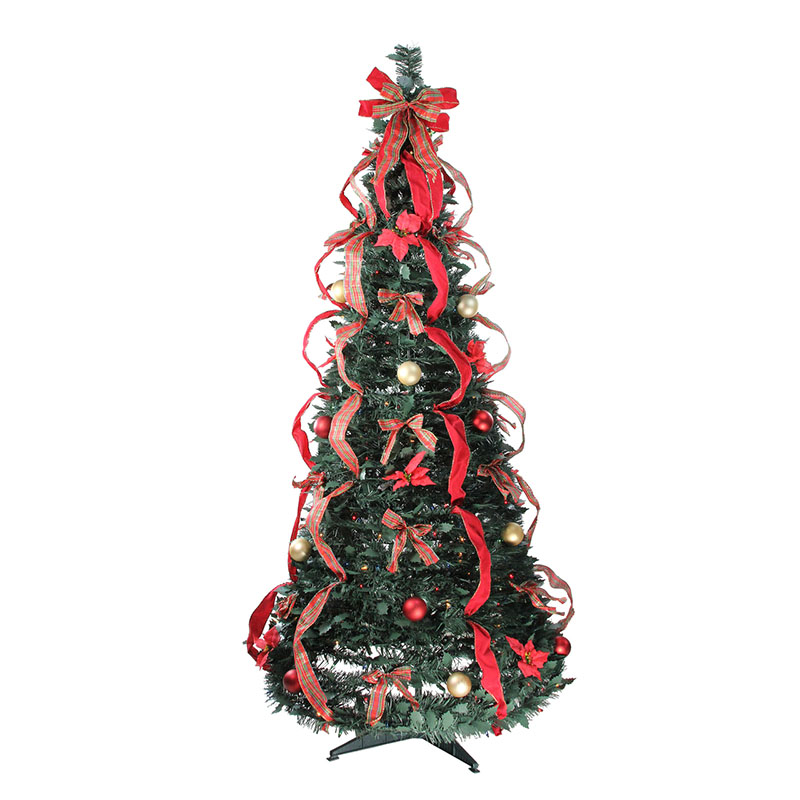 Senmasine 6' Alberi di Natale artificiali pre-illuminati Albero di Natale pieghevole pop-up pre-decorato con luci e fiocchi di nastro rosso