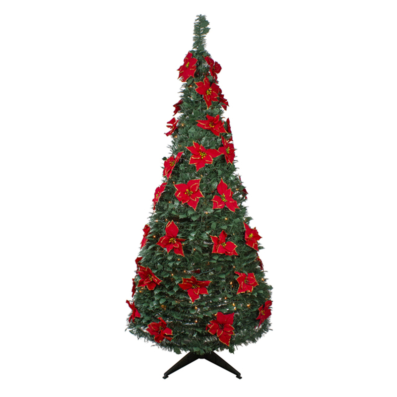 Senmasine 6' árvore de natal pré-iluminada pré-decorada poinsettia pop-up árvores de natal dobráveis ​​artificiais