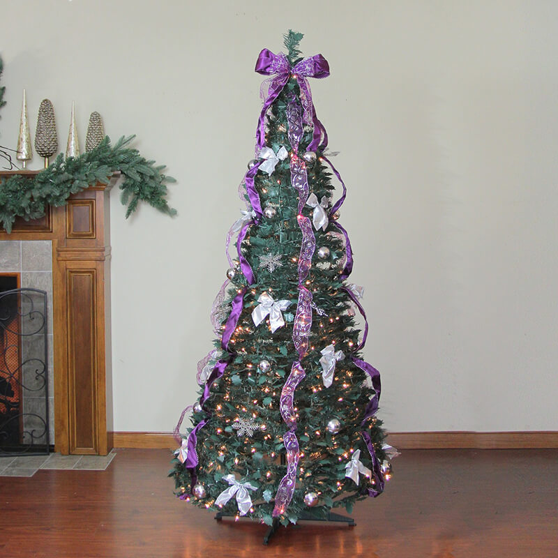 Senmasine 6' vorbeleuchteter, lilafarbener Band Silberschleifen, vordekorierter künstlicher Pop-up-Weihnachtsbaum mit Lichtern