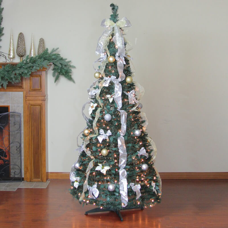 Senmasine 6 pés de fita prateada, enfeites de ouro, pré-decorados, artificiais, pré-iluminados, árvore de natal pop-up com luzes
