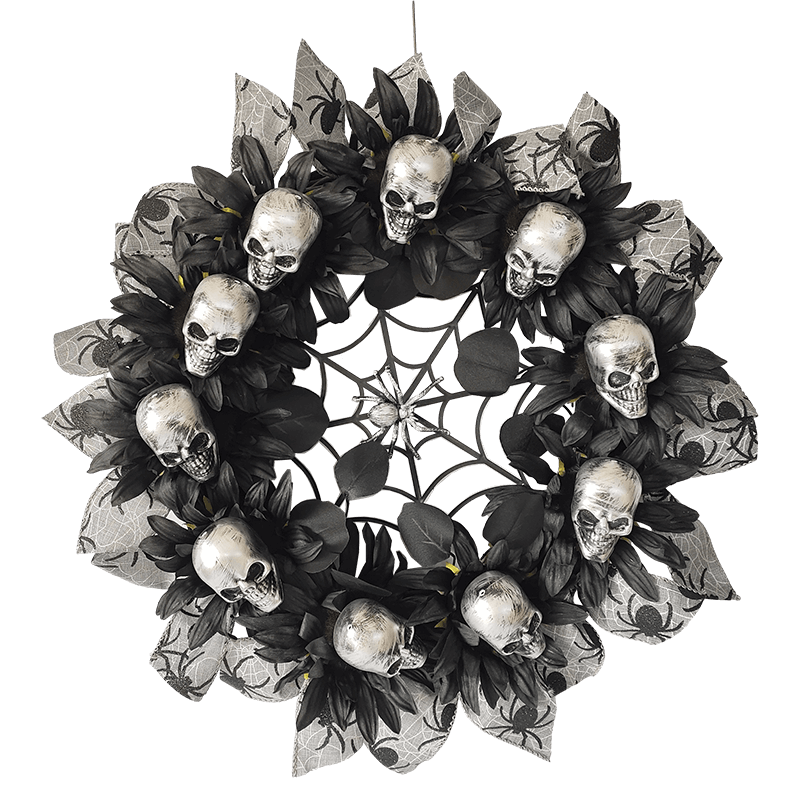 Senmasine 24 Inch Spooky Scary Halloween Skelet Krans met zwart lint strik spinnenweb Voordeur Opknoping Decor