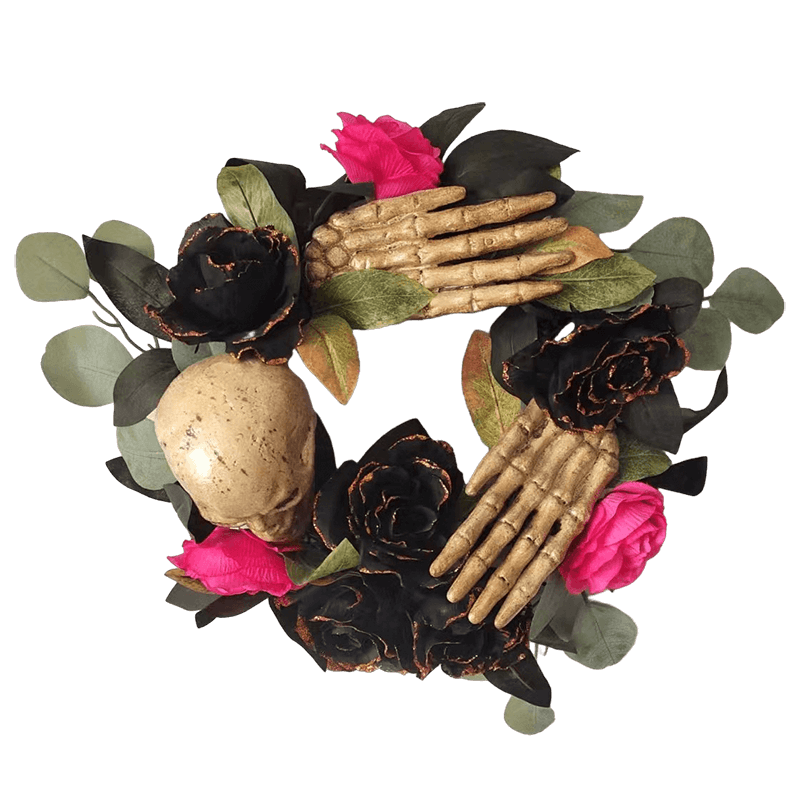 Senmasine Halloween szkieletowy wianek z czarnymi sztucznymi liśćmi brokatowa czarna róża czerwona kwiatowa dekoracja wisząca na drzwiach wejściowych