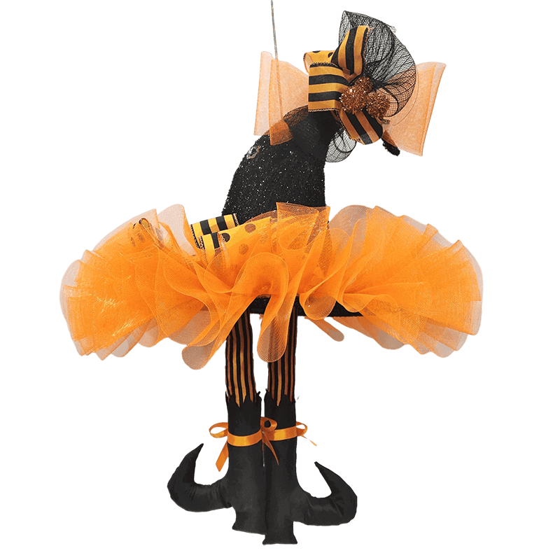 Senmasine 22 Inch Glitter Halloween Hat with Witch Leg Orange Mesh Front Door Home Hanging Decoration