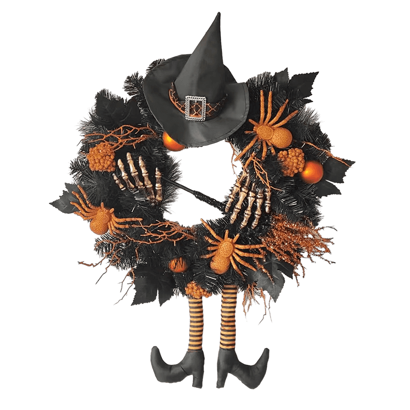 Senmasine-coronas de patas de Halloween de 24 pulgadas con adornos, purpurina, escoba de araña, sombrero de bruja, mano esquelética, decoración para puerta delantera