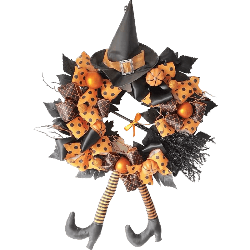 Senmasine – couronne d'halloween de 24 pouces, avec jambes de sorcière, nœuds orange, boules de citrouille, balai à paillettes, décoration de porte d'entrée suspendue