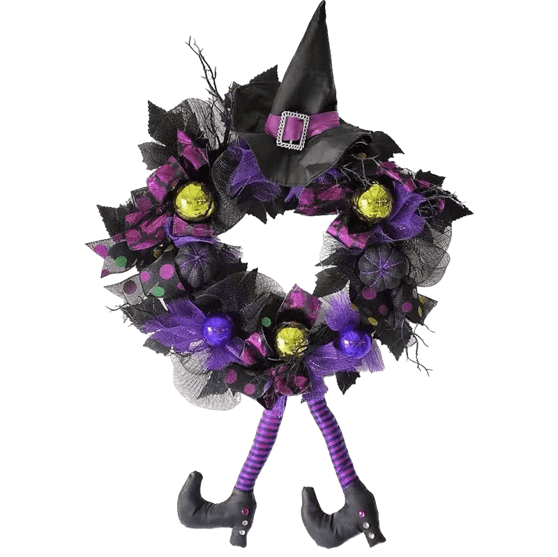 Senmasine 24 Inch Halloween Wreath with Leg Witch hat Glitter Baubles Black Mesh Purple Bows Front Door Hanging Decor