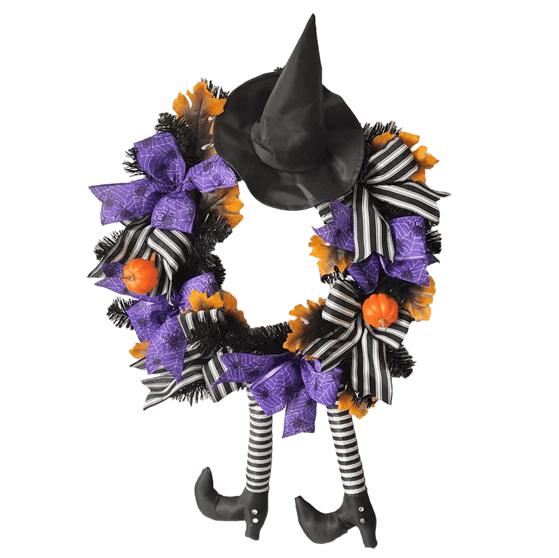 Senmasine Ghirlanda per porta d'ingresso con gambe da strega di Halloween da 24 pollici con cappello Foglie d'acero artificiali Zucca Viola Ragno Modello Arco