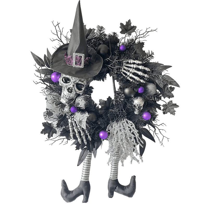 Senmasine Coroa de pernas de bruxa de Halloween de 24 polegadas com arco de aranha glitter vassoura assustador cabeça de esqueleto chapéu de mão