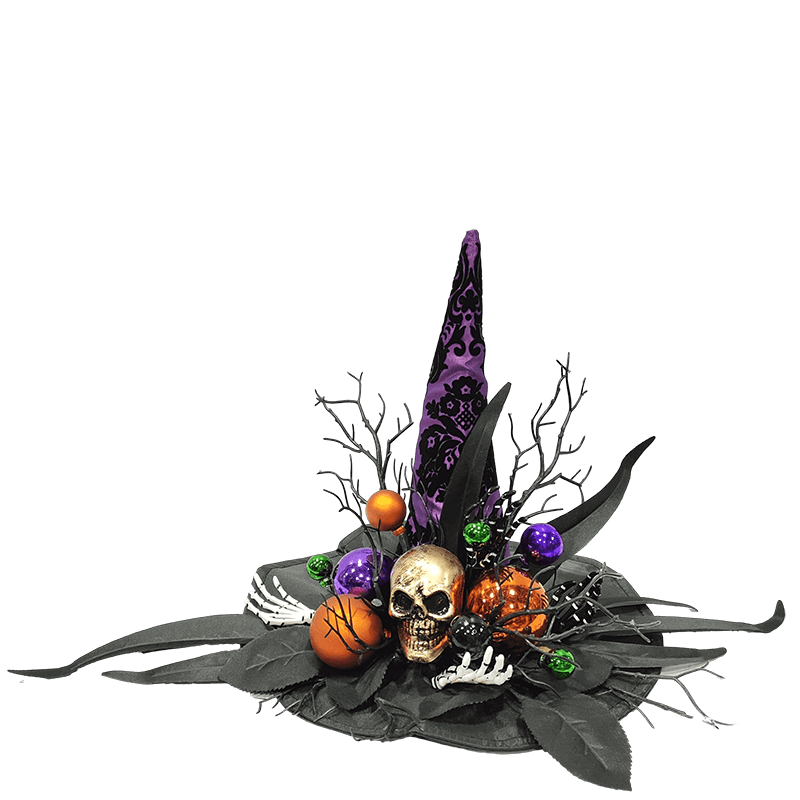 Senmasine Chapeau de Sorcière d'Halloween avec Tête de Squelette Main Feuilles Artificielles Noires Branche Morte