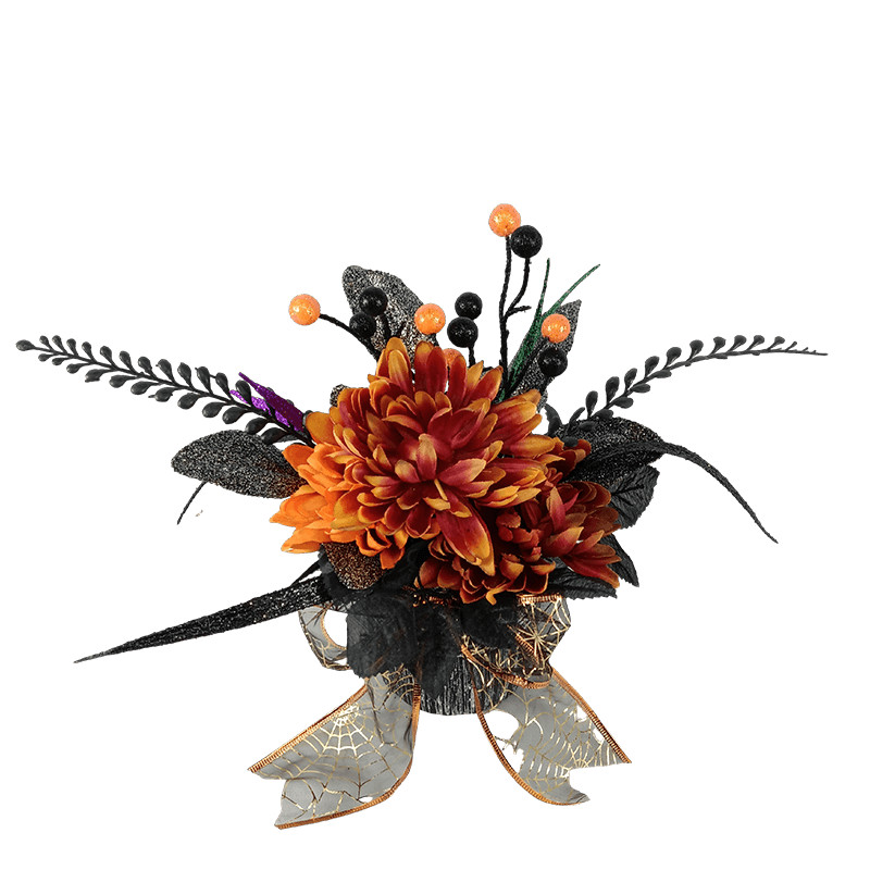 Senmasine zucca di Halloween nera con foglie nere artificiali, ramo, mini ragno, bacche arancioni glitterate