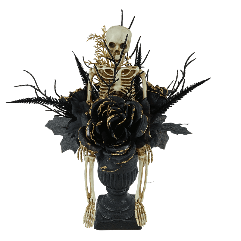 زينة جمجمة سينماسين للهالوين مع هيكل عظمي لامع أسود فرع ميت زهور صناعية كبيرة