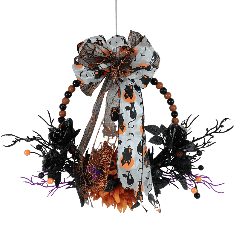 Senmasine Couronne de perles d'Halloween de 20 pouces avec fleurs artificielles, nœuds de ruban de roses, branche morte noire et violette