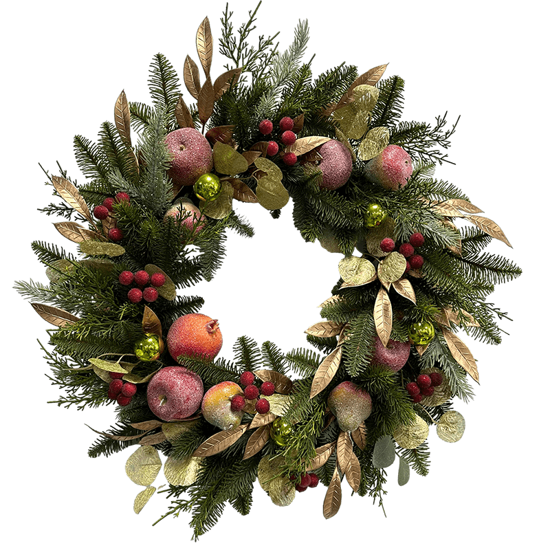 Senmasine 26 Inch Christmas Fruit wreath With red berry gold leaves pine needle branch front door hanging decor